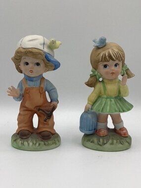 Vintage 1960's-1980's Homco Girl & Boy Kids with Birds Bisque Porcelain 5"H
